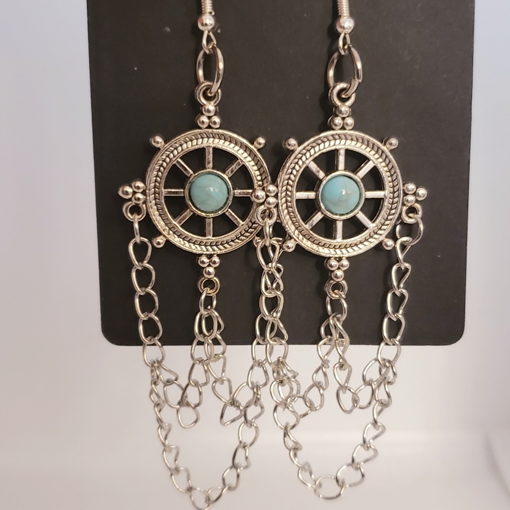 Handmade Boho Ship Wheel Chain Dangle Earrings